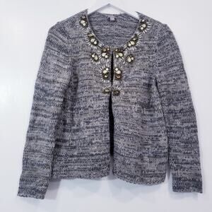 J. Jill Camel Wool Blend Knit Jeweled Short Academia Gray Cardigan Blazer